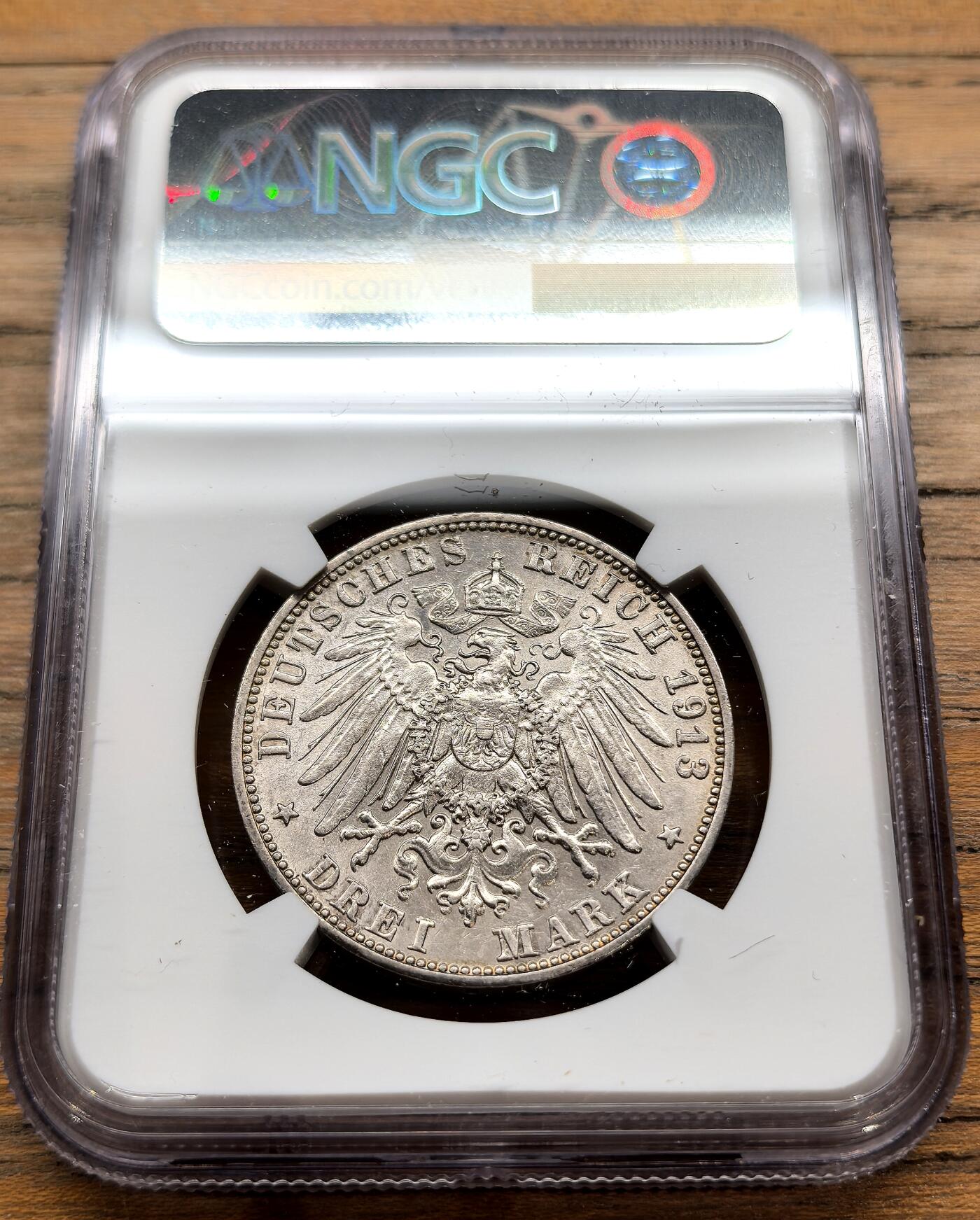 凡希社世界钱币微拍第三百二十二期 1913F德国符腾堡3马克NGC-MS62