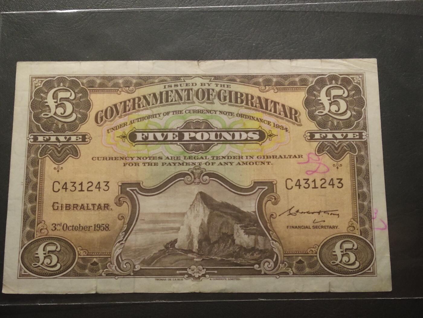 2026四月第二期，总第223期 直布罗陀1958年5镑流通品相有字迹 早期年份·