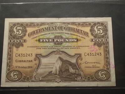 2026四月第二期，总第223期 - 直布罗陀1958年5镑流通品相有字迹 早期年份·
