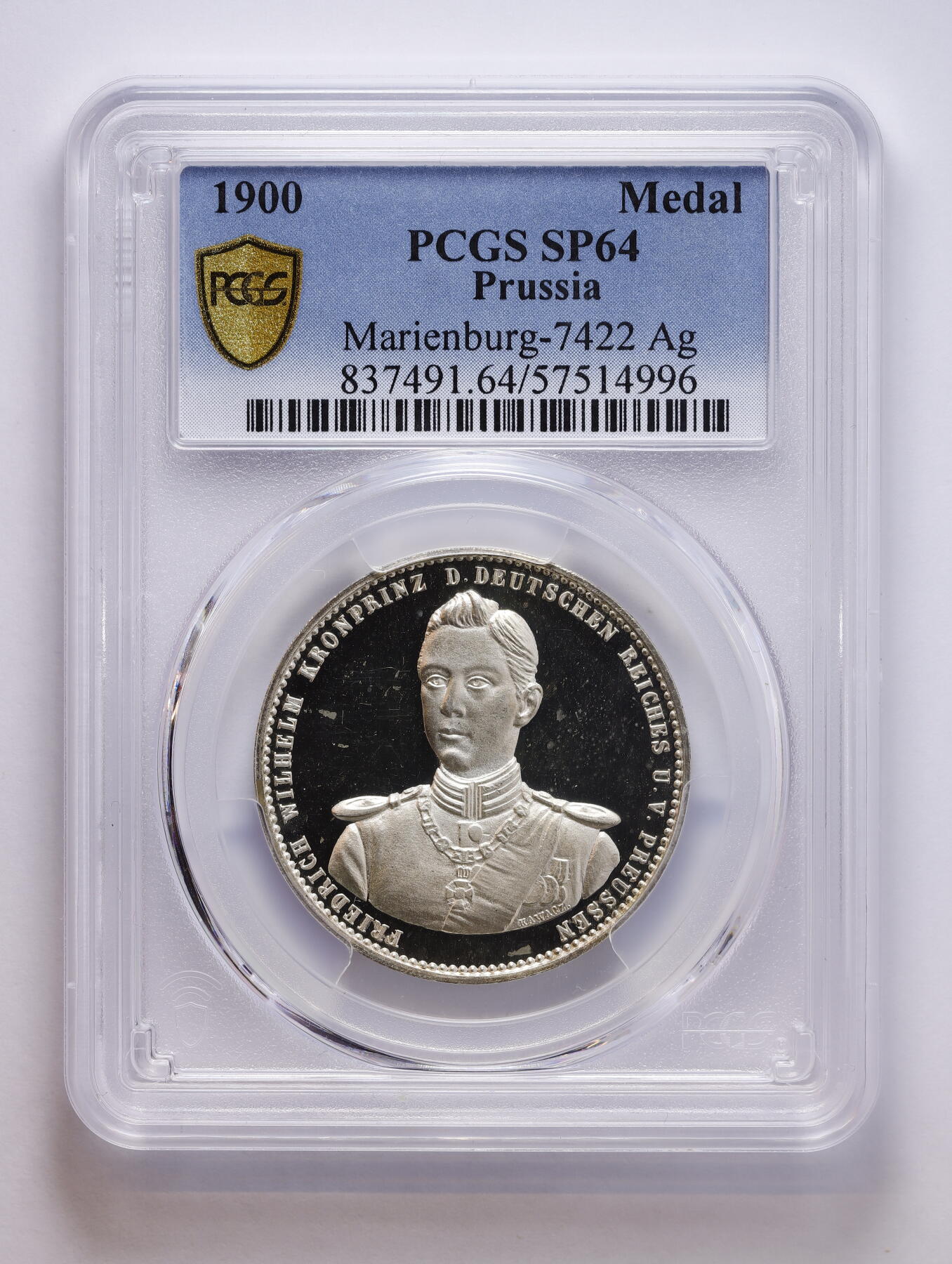 观钱 近现代机制币拍卖No.008（全场顺丰包邮，不区分偏远地区）  PCGS SP64 德国 1900年 威廉二世成年纪念银章 橡树叶环绕威廉二世的生日与成年的日期 与泰勒形制相同 德国最后一位皇帝 霍亨索伦家族首领。深镜面工艺，可遇不可求的状态。	此枚可能为纯银特制版