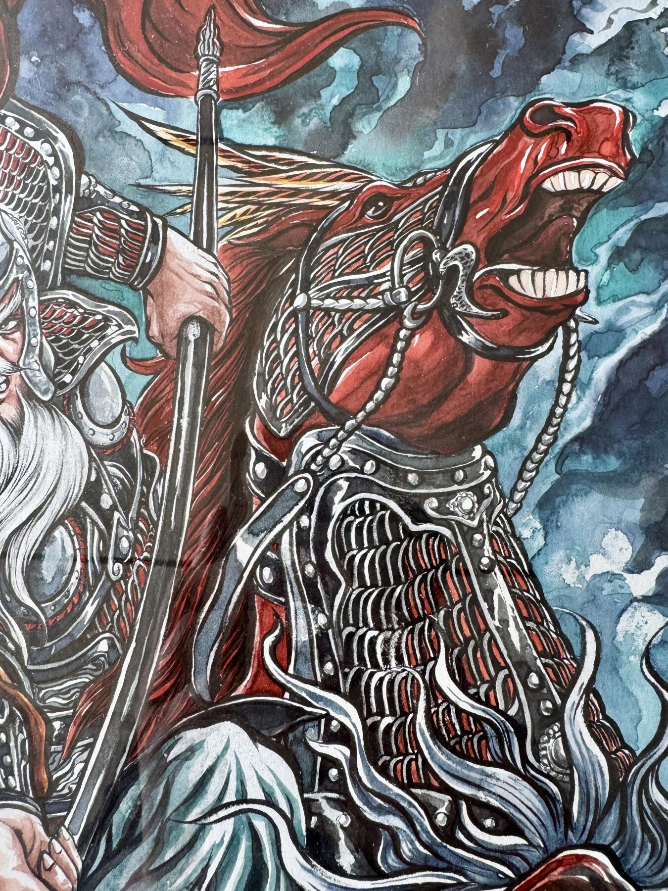 大麦马年第二场 张建东手绘画 黄忠 已装裱 尺寸：内26.5cm*38. 8外30.5cm*44.5cm 