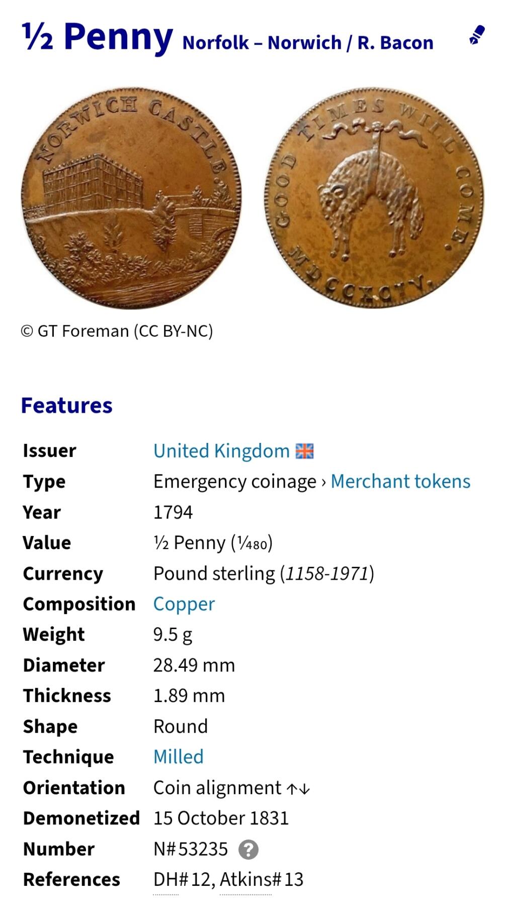 2026年第四十三场(总第二百一十二场）外国好品散币场(免佣金) 英国🇬🇧1794年1/2便士代币(诺福克郡-诺里奇市代币)