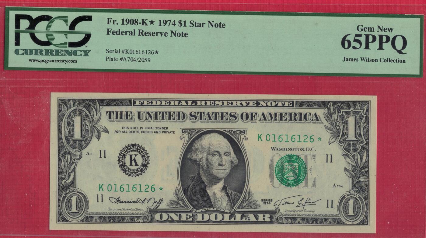 美国1974年1元(圆) 星号补号券(☆号补号券) 朦胧号(无3457) 实物图 UNC