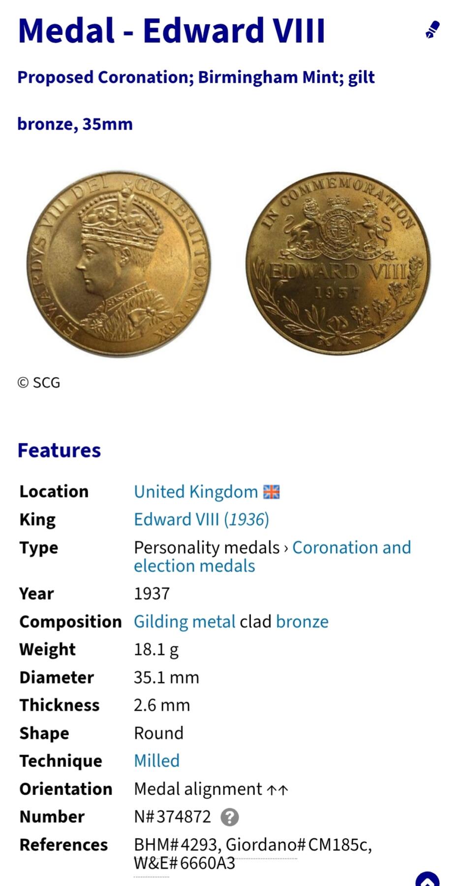 2026年第四十三场(总第二百一十二场）外国好品散币场(免佣金) 英国🇬🇧1937年纪念章(爱德华八世登基纪念章，青铜镀金材质，直径35mm，重18克)