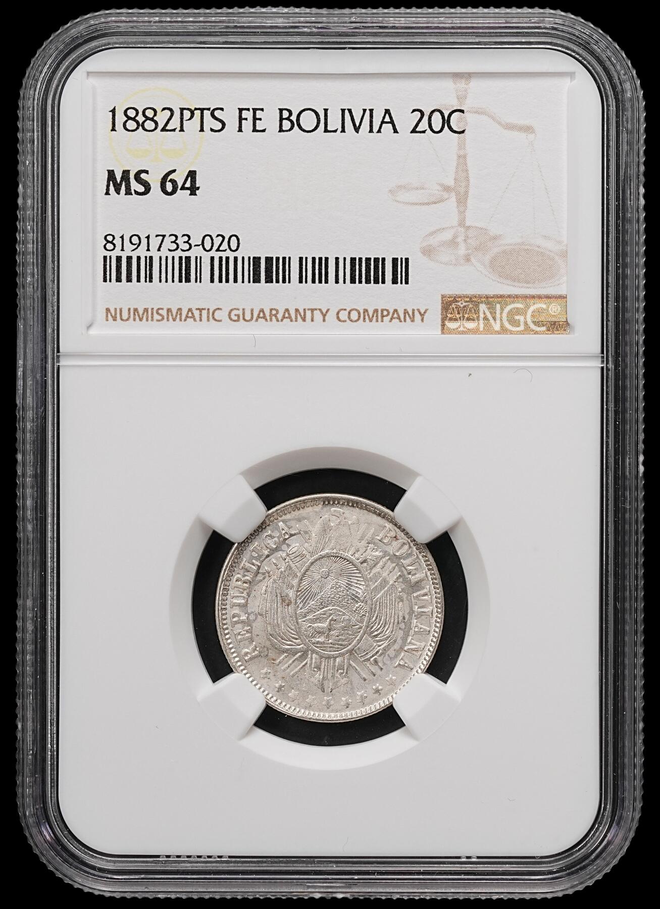 修遠堂世界钱币第111期 NGC MS64 1882年玻利维亚20分银币 少见状态 外网成交价150美金以上