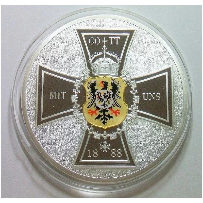 【艺术】德国艺术大章 三皇之年+三皇金币+鹰徽铁十字 高浮雕精制彩色超大镀金章 70MM  121克