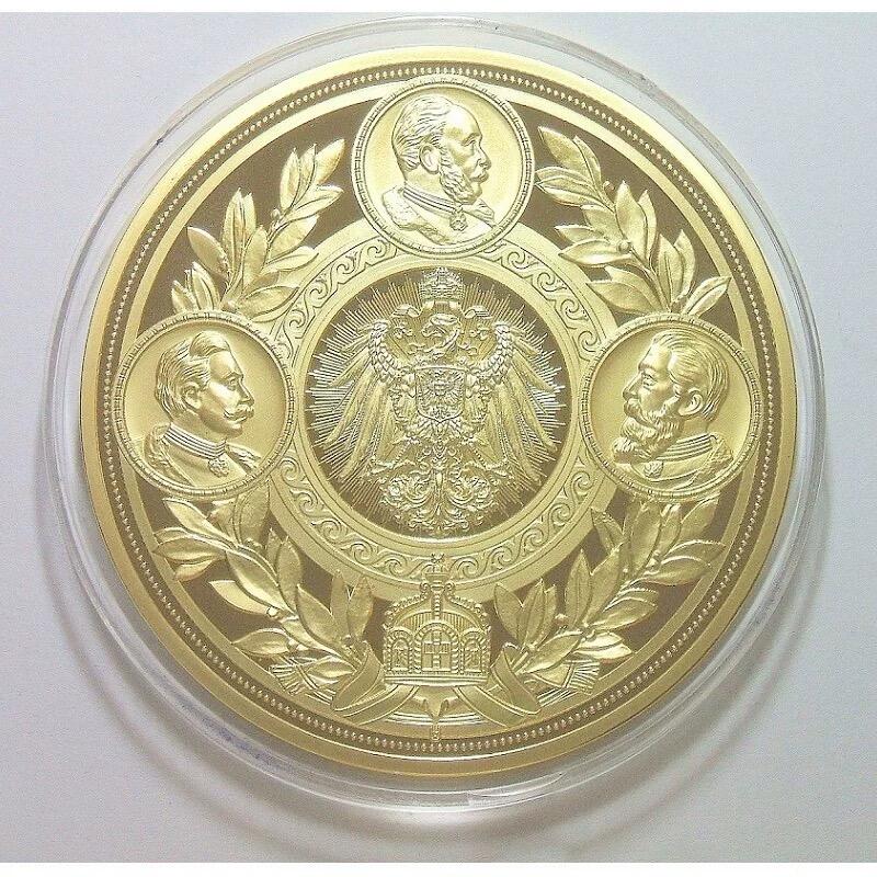 【艺术】德国艺术大章 威廉一世+三皇之年+鹰徽 高浮雕精制彩色超大镀金章70MM 120克