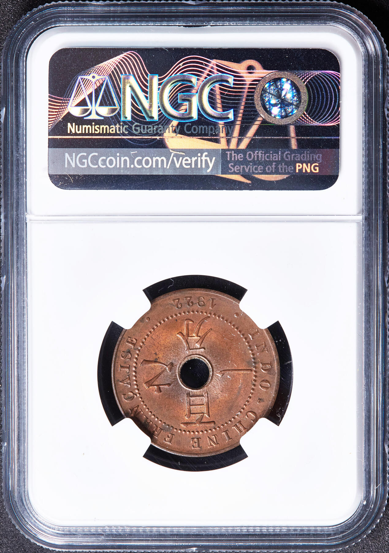 【俄甄集藏】满园春色-2026年(051)04-22星期三 晚 19:30 全场包邮 法属印度支那1922年A版中孔百分之一（1分）铜币，NGC MS63RB，铸纹清晰，原铜光，比1923少很多