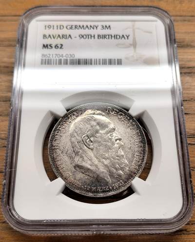 凡希社世界钱币微拍第三百二十二期 - 1911D德国巴伐利亚3马克纪念银币NGC-MS62