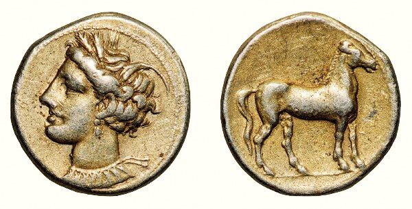 中贸圣佳2026四季・迎春拍卖会 六盈堂藏泉 钱币 证章 卡牌专场 古希腊迦太基共和国坦尼特丰收女神站马一标准重琥珀金币 长19mm