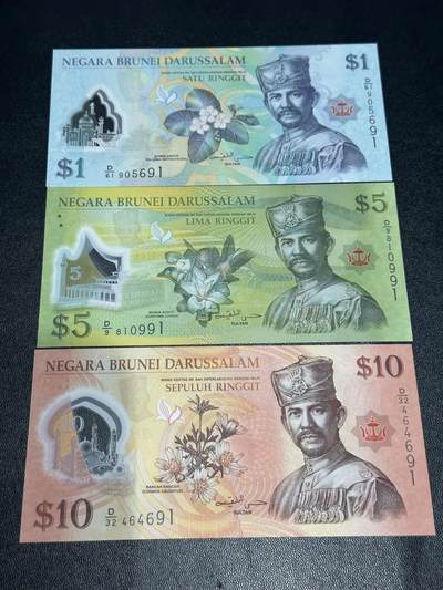 《外钞收藏家》第六百二十六期（精品场）（长期征集拍品、欢迎藏友们联系合作） - 文莱上一版本1/5/10林吉特尾号后二相同（91为NBA名宿罗德曼号码）	UNC