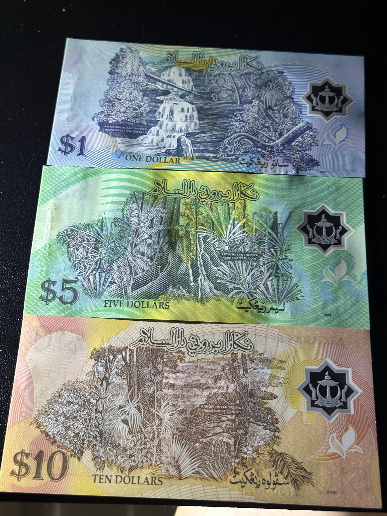 《外钞收藏家》第六百二十六期（精品场）（长期征集拍品、欢迎藏友们联系合作） 文莱倒三版本1/5/10林吉特塑料钞（其中5林吉特C1首发字冠）	UNC