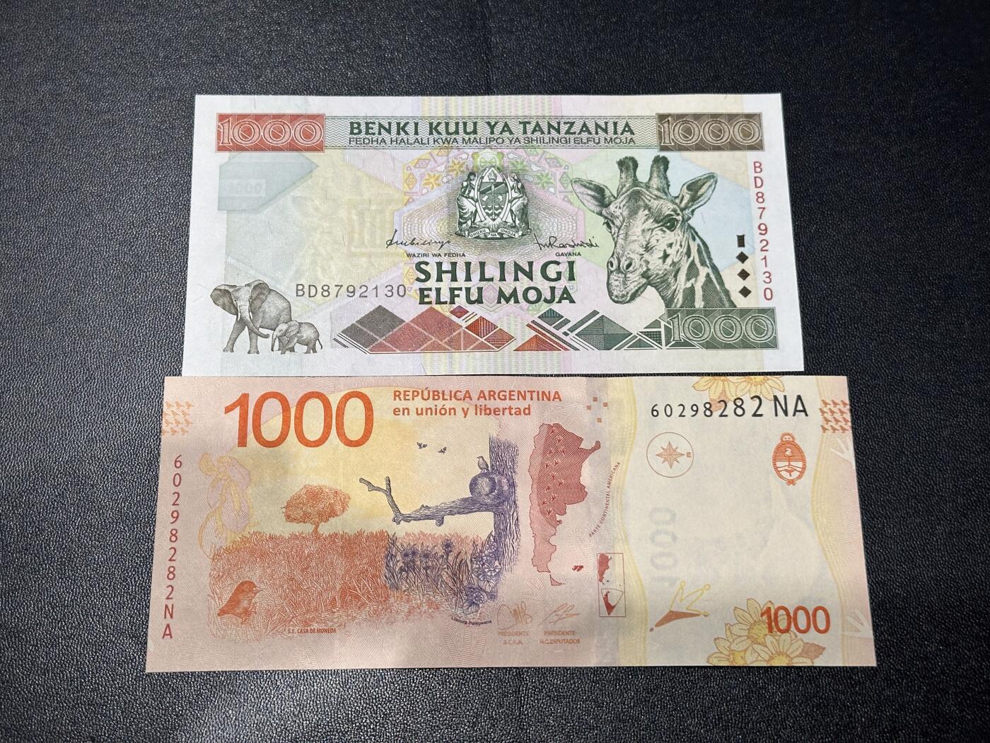 《外钞收藏家》第六百二十六期（精品场）（长期征集拍品、欢迎藏友们联系合作） 坦桑尼亚1000先令+阿根廷1000 2张一起 全新UNC