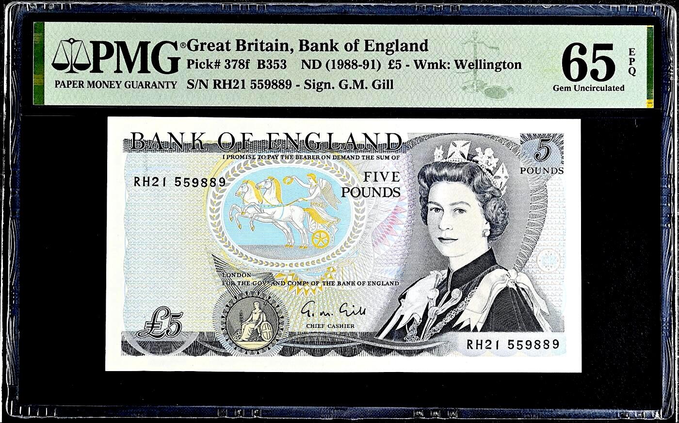 【礼羽收藏】🌏世界钱币拍卖第132期 【d序列】英国5镑 女王&惠林顿公爵 无347数三靓号 绝品无斑 PMG65