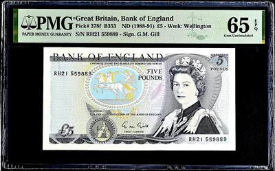 【礼羽收藏】🌏世界钱币拍卖第132期 - 【d序列】英国5镑 女王&惠林顿公爵 无347数三靓号 绝品无斑 PMG65
