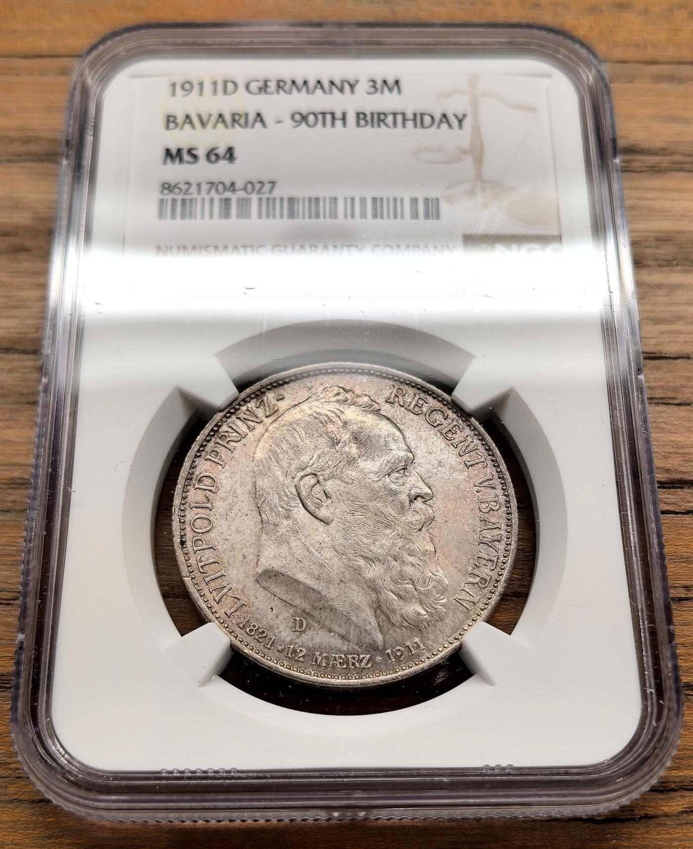 凡希社世界钱币微拍第三百二十二期 1911D德国巴伐利亚3马克纪念银币NGC-MS64