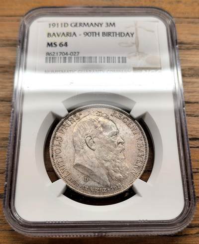 凡希社世界钱币微拍第三百二十二期 - 1911D德国巴伐利亚3马克纪念银币NGC-MS64