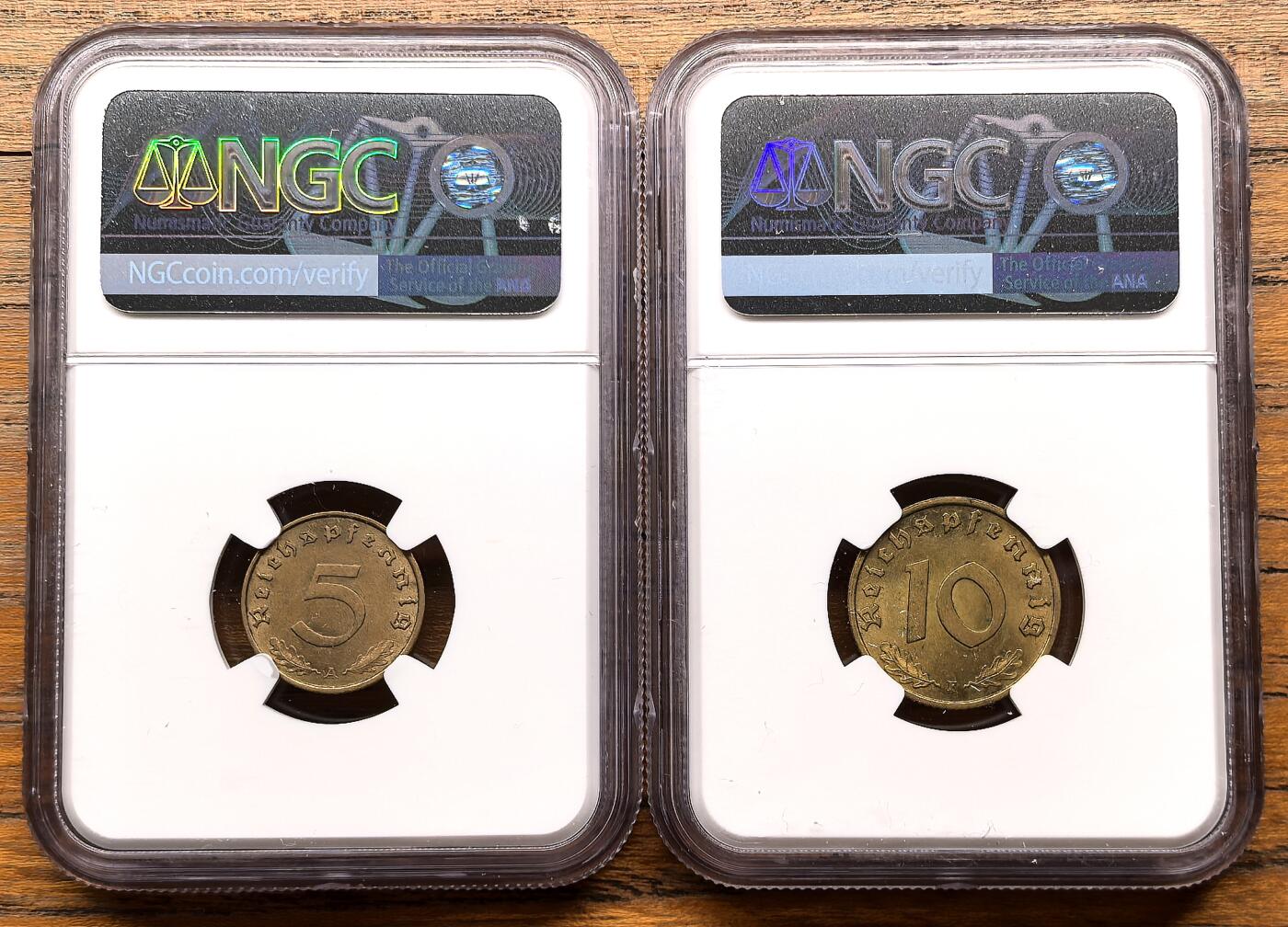 凡希社世界钱币微拍第三百二十二期 1937/8德国5/10芬尼黄铜币两枚NGC-MS63/64