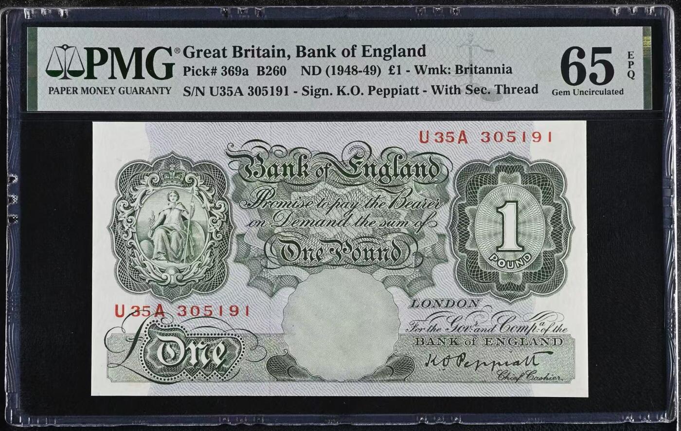 【礼羽收藏】🌏世界钱币拍卖第132期 1948-1949英国A序列1镑，PMG65分，战时签名，号码无47
