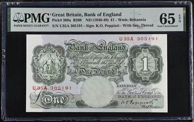 【礼羽收藏】🌏世界钱币拍卖第132期 - 1948-1949英国A序列1镑，PMG65分，战时签名，号码无47