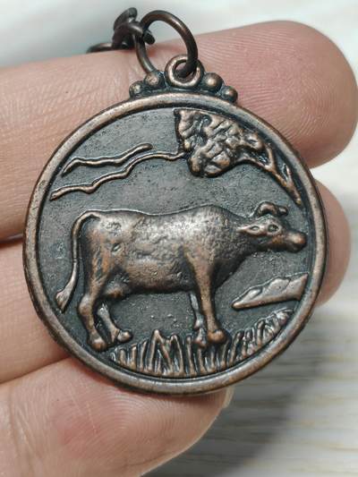 老生肖牌一枚，铜质，正面牛图案，背面十二生肖 八卦太极，带钥匙扣。直径约3.5厘米，成色还可以，有使用痕迹，无裂痕，细节见图。适合收藏或把玩 - 老生肖牌一枚，铜质，正面牛图案，背面十二生肖 八卦太极，带钥匙扣。直径约3.5厘米，成色还可以，有使用痕迹，无裂痕，细节见图。适合收藏或把玩