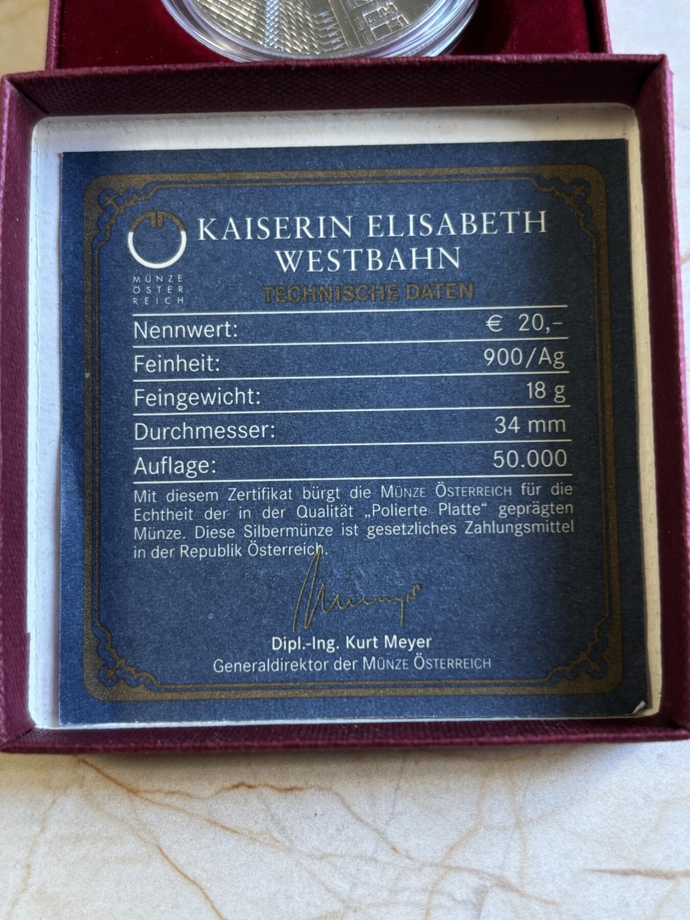 第197期拍卖 奥地利2008年铁路系列4维也纳西火车站纪念银币，900银，18克