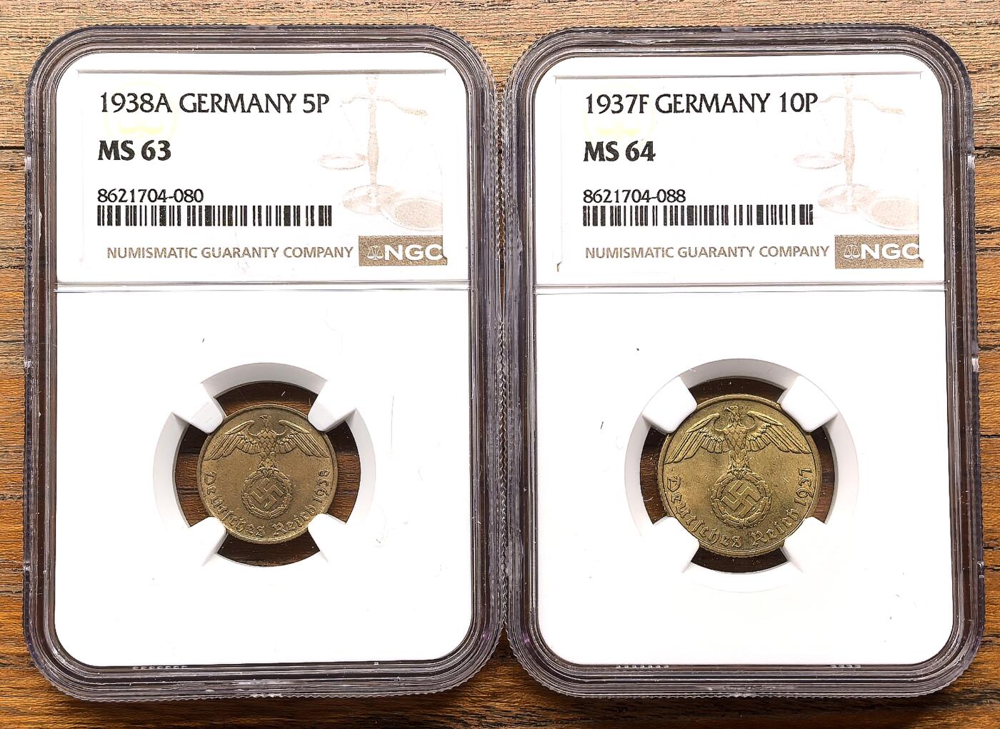 凡希社世界钱币微拍第三百二十二期 1937/8德国5/10芬尼黄铜币两枚NGC-MS63/64