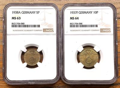 凡希社世界钱币微拍第三百二十二期 - 1937/8德国5/10芬尼黄铜币两枚NGC-MS63/64
