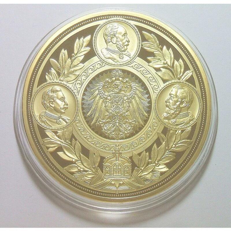 【艺术】德国艺术大章 腓特烈三世+三皇之年+鹰徽 高浮雕精制彩色超大镀金章 70MM 120克