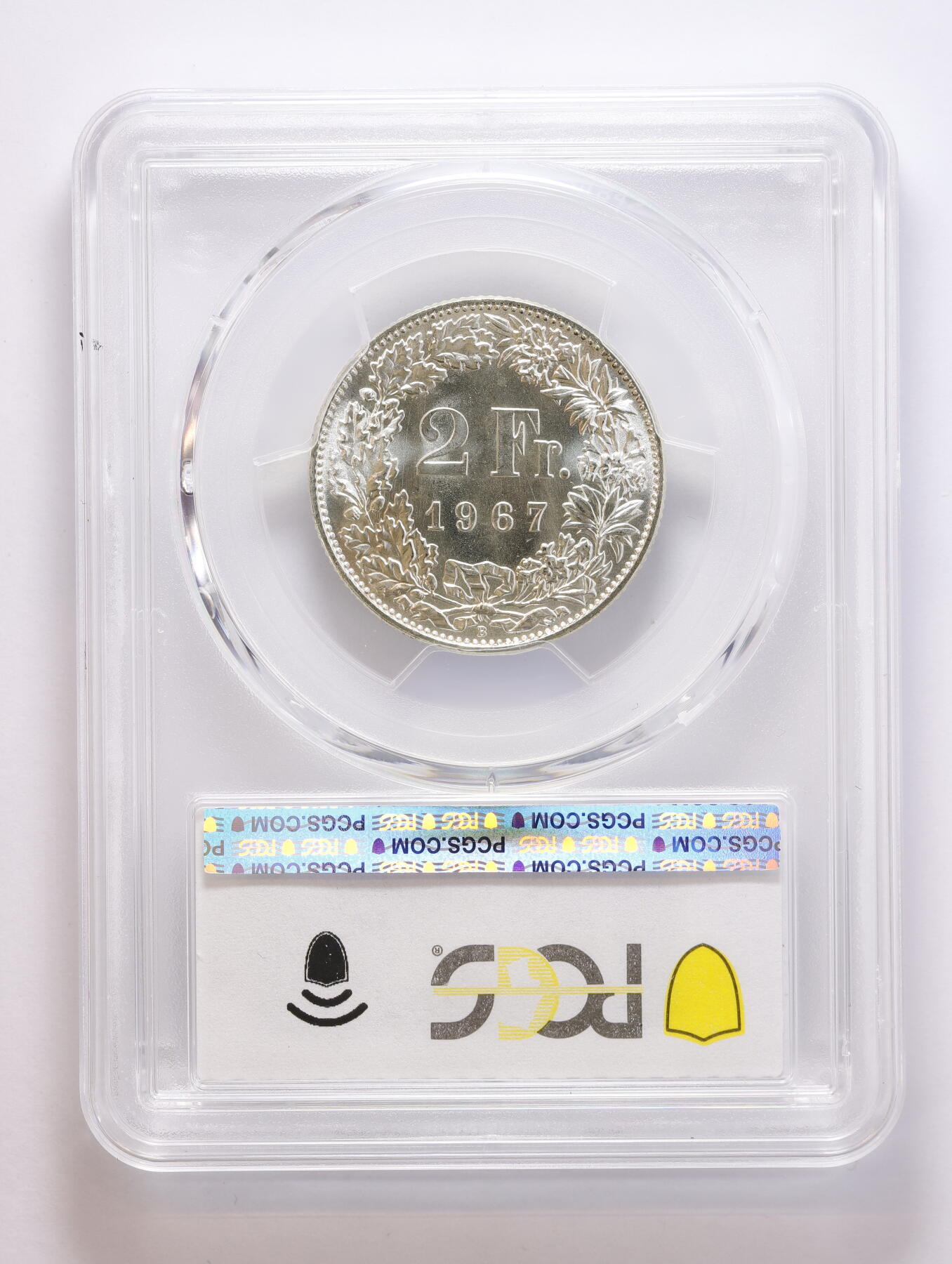 观钱 近现代机制币拍卖No.008（全场顺丰包邮，不区分偏远地区）  1967 年 瑞士联邦 2 法郎赫尔维蒂亚（Helvetia）女神银币 PCGS MS67   热门 “小币高分”品种 