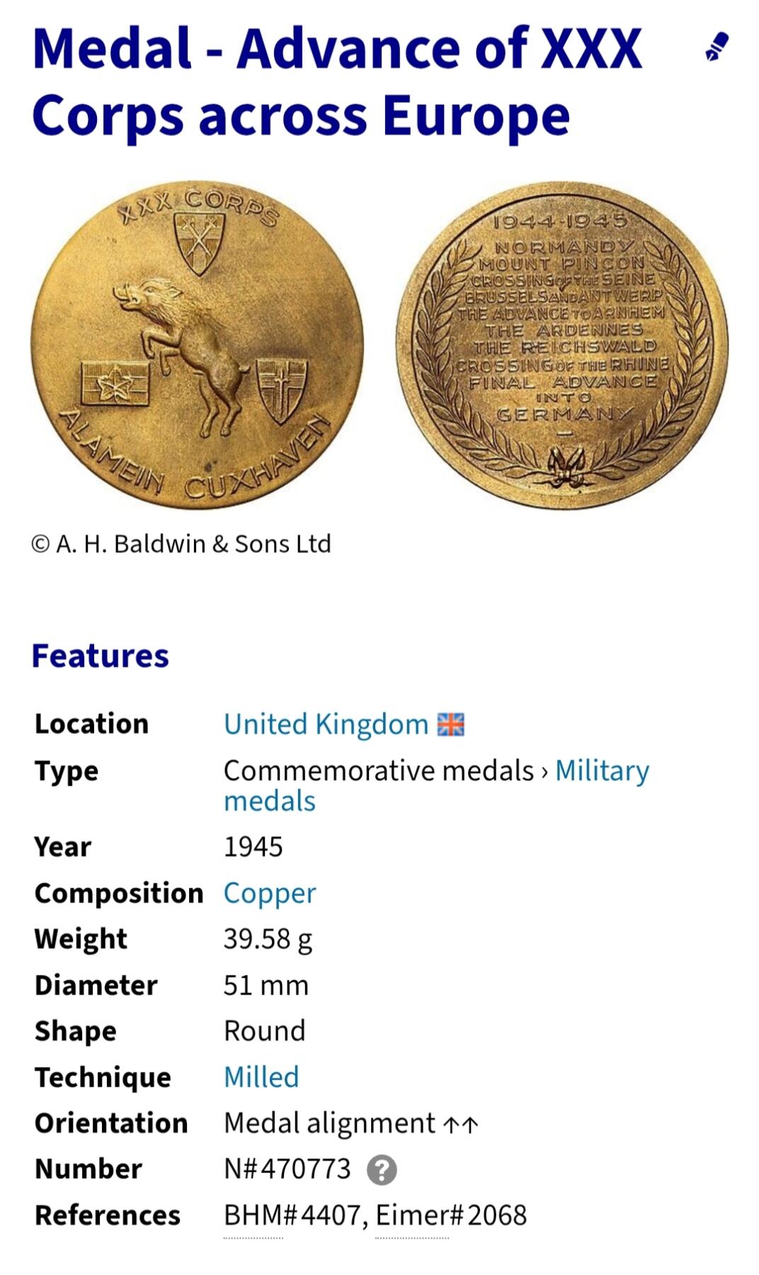 2026年第四十三场(总第二百一十二场）外国好品散币场(免佣金) 1944-1945年二战英国第30军西线作战胜利纪念章，记录了从诺曼底登陆到攻入德国的完整西线战役历程，Numista 稀有度100