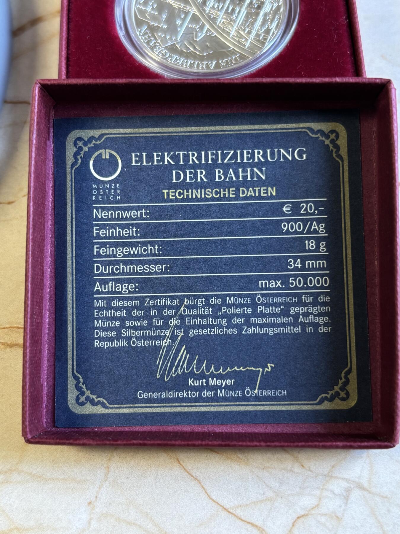 第197期拍卖 奥地利2009年铁路系列5电气化铁路精制纪念银币，900银，18克，发行50000枚