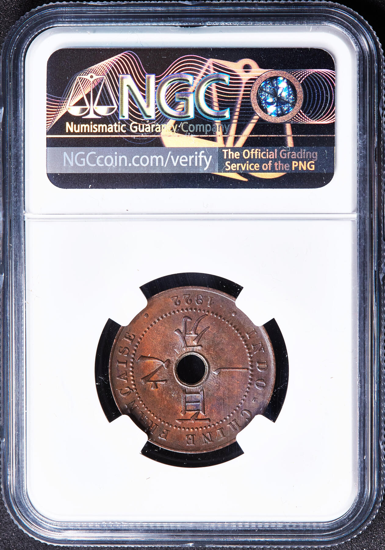 【俄甄集藏】满园春色-2026年(051)04-22星期三 晚 19:30 全场包邮 法属印度支那1922年A版中孔百分之一（1分）铜币，NGC MS63RB，铸纹清晰，巧克力包浆，比1923少很多