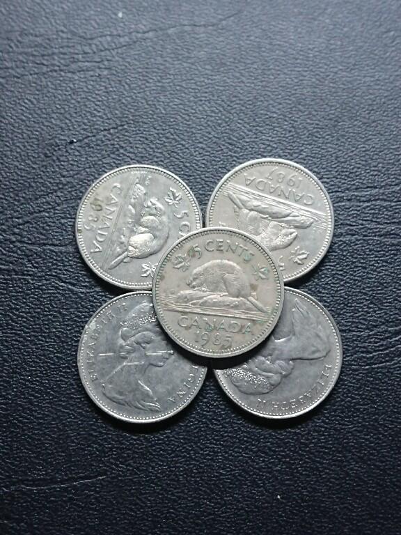 松南世界钱币——260409 加拿大河狸5分镍币5枚1