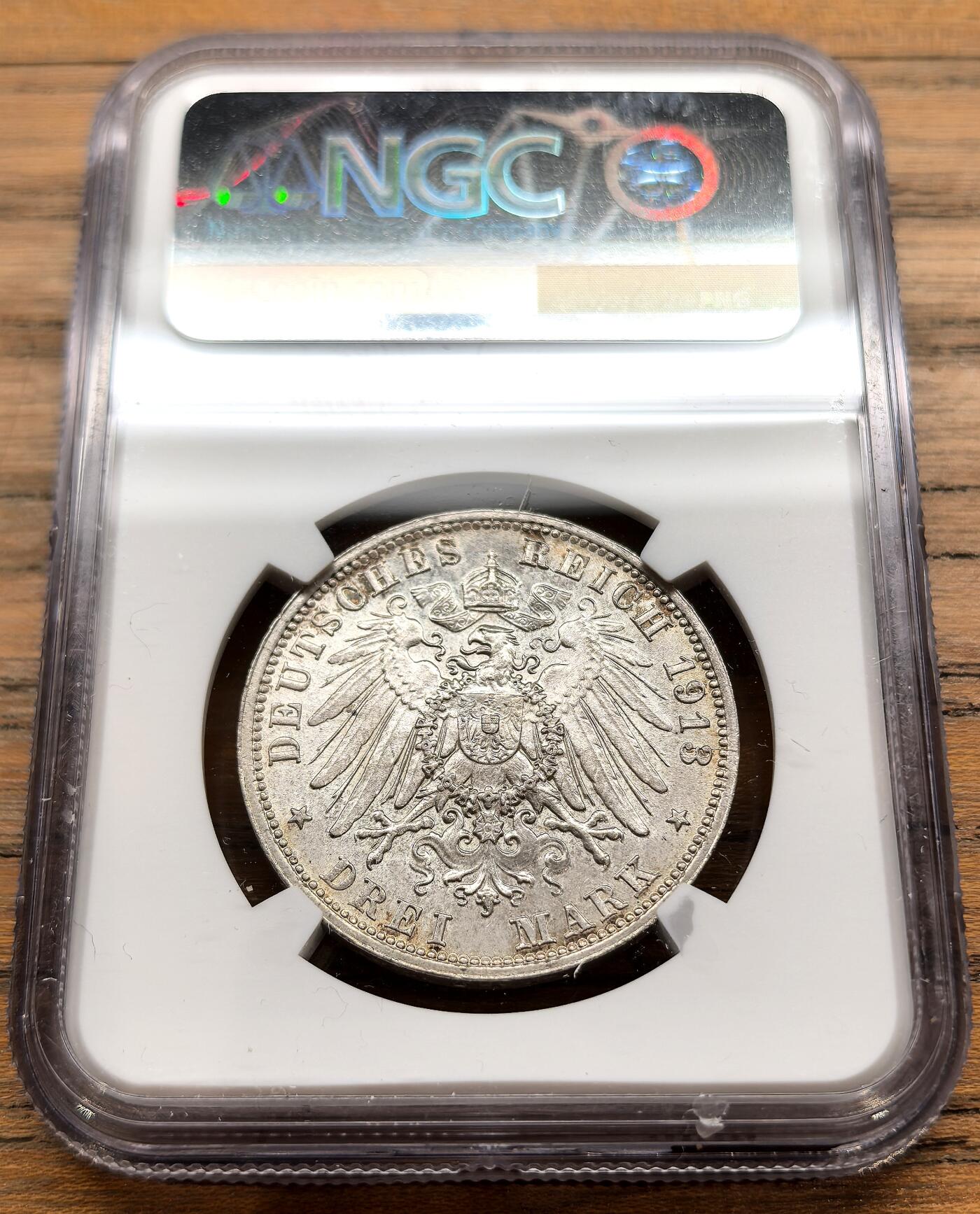 凡希社世界钱币微拍第三百二十二期 1913E德国萨克森莱比锡战役纪念3马克NGC-MS62