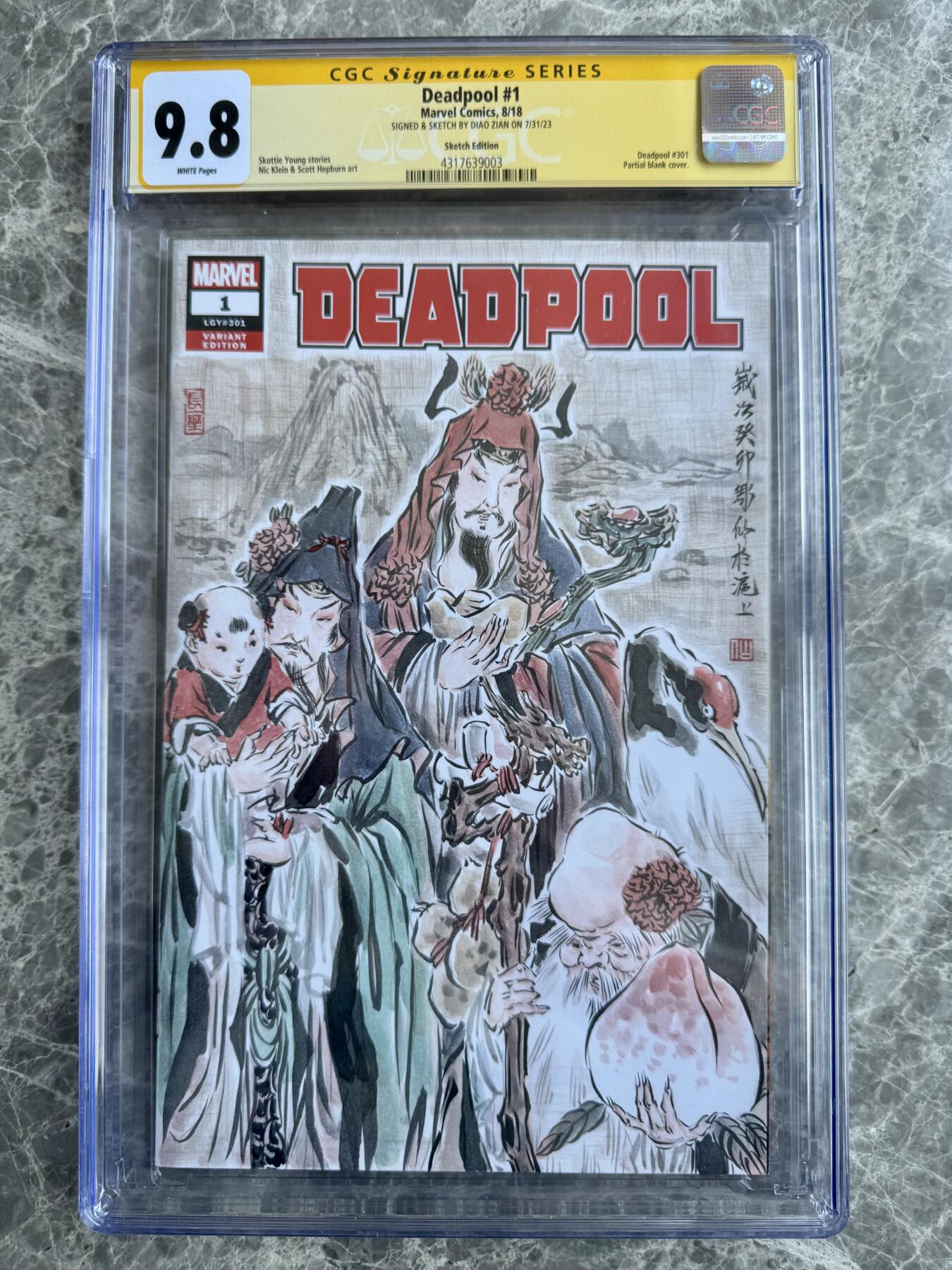 大麦马年第二场  2023年 findingcard 漫威系列活动 彫仙老师受漫威官方邀请  在死侍• LGY#301:2018年发行的《死侍》#1半空白封面上绘制蓬莱三星