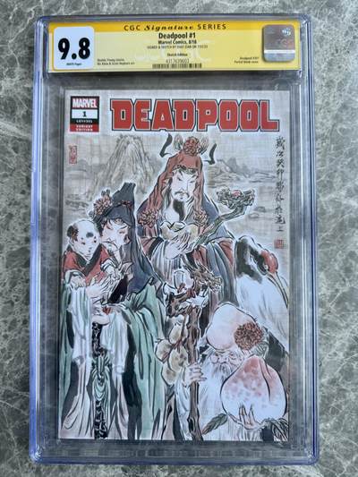 大麦马年第二场 -  2023年 findingcard 漫威系列活动 彫仙老师受漫威官方邀请  在死侍• LGY#301:2018年发行的《死侍》#1半空白封面上绘制蓬莱三星