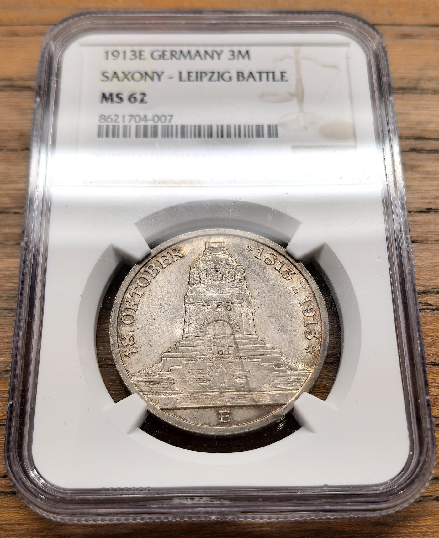凡希社世界钱币微拍第三百二十二期 1913德国萨克森莱比锡战役纪念3马克NGC-MS62