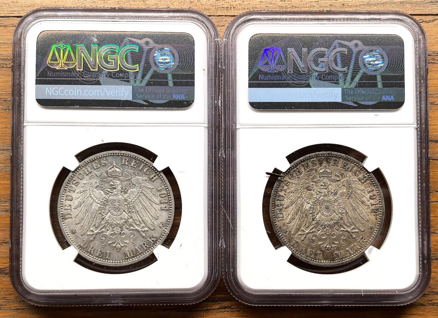 凡希社世界钱币微拍第三百二十二期 1911/2德国普鲁士3马克银币一对NGC
