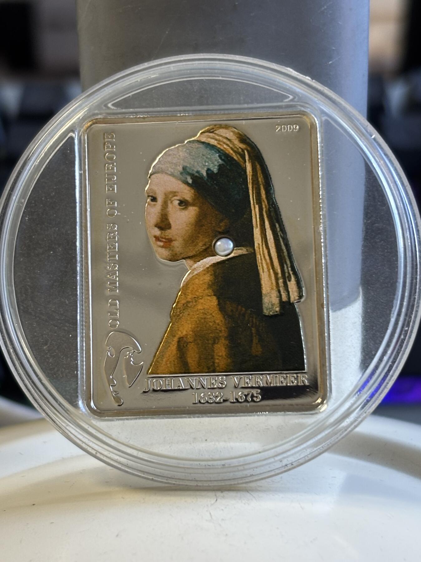 第197期拍卖 库克2009戴珍珠耳环的少女弗美尔镶珍珠矩形银币,925银，25克，发行5000枚