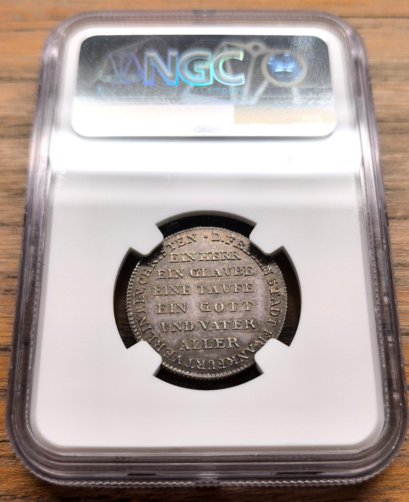 凡希社世界钱币微拍第三百二十二期 1817法兰克福自由市2杜卡特金币银质错铸币NGC-MS62，原味，稀见品种！