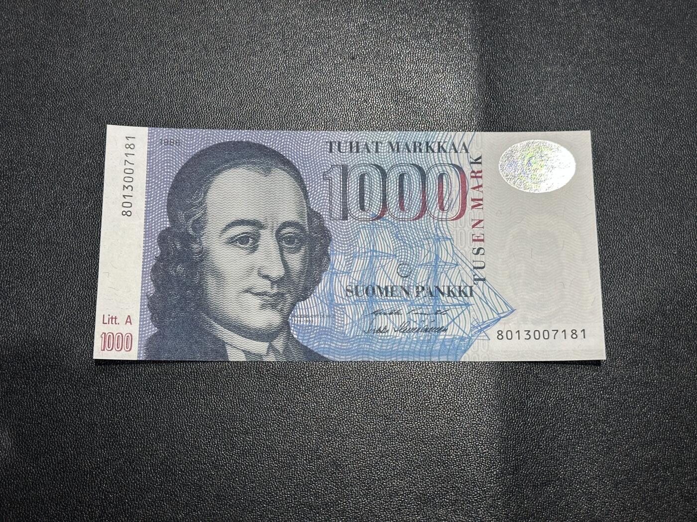 《外钞收藏家》第六百二十六期（精品场）（长期征集拍品、欢迎藏友们联系合作） 1986年芬兰1000克朗 全新 全息膜处一个轻微瑕疵