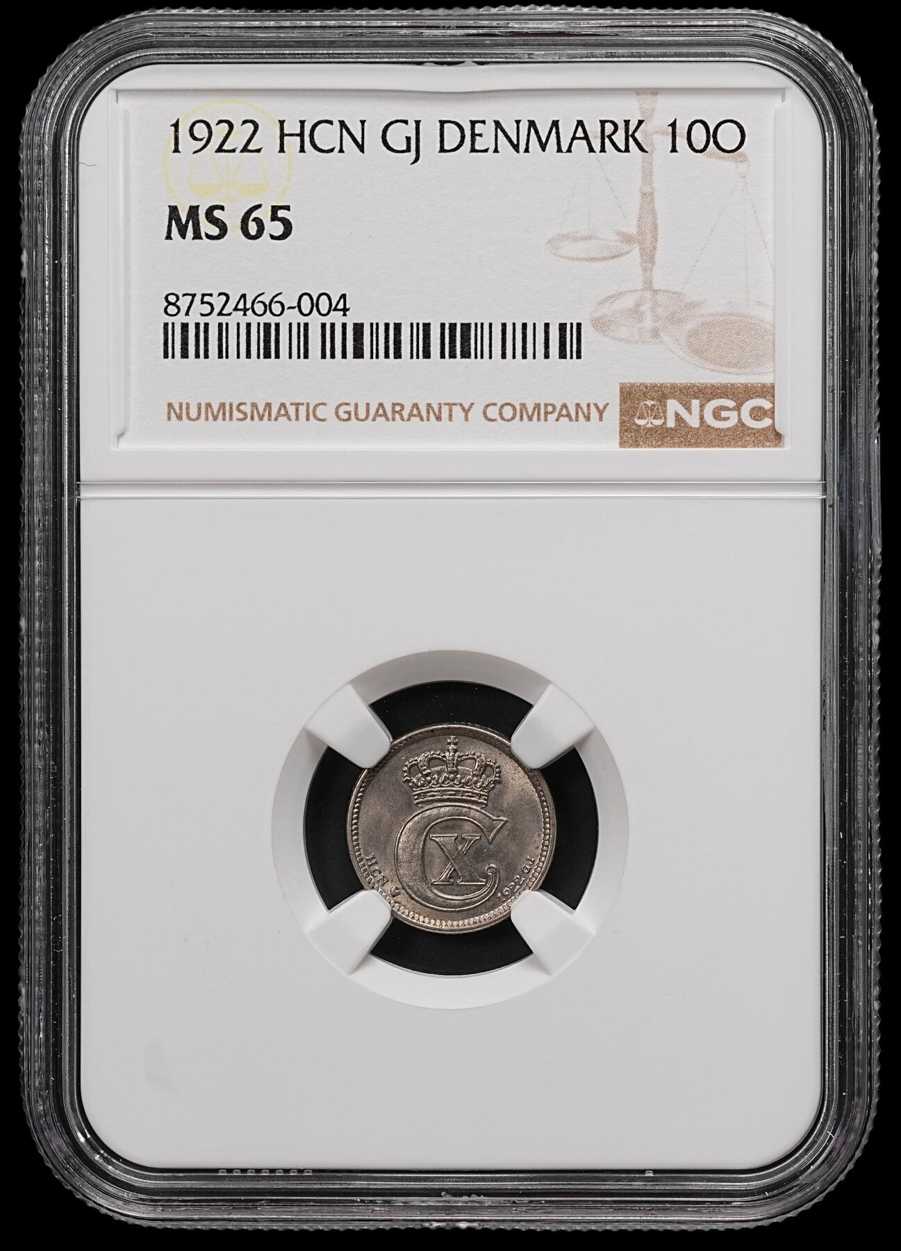 修遠堂世界钱币第111期 NGC MS65 1922年丹麦10欧尔，特年