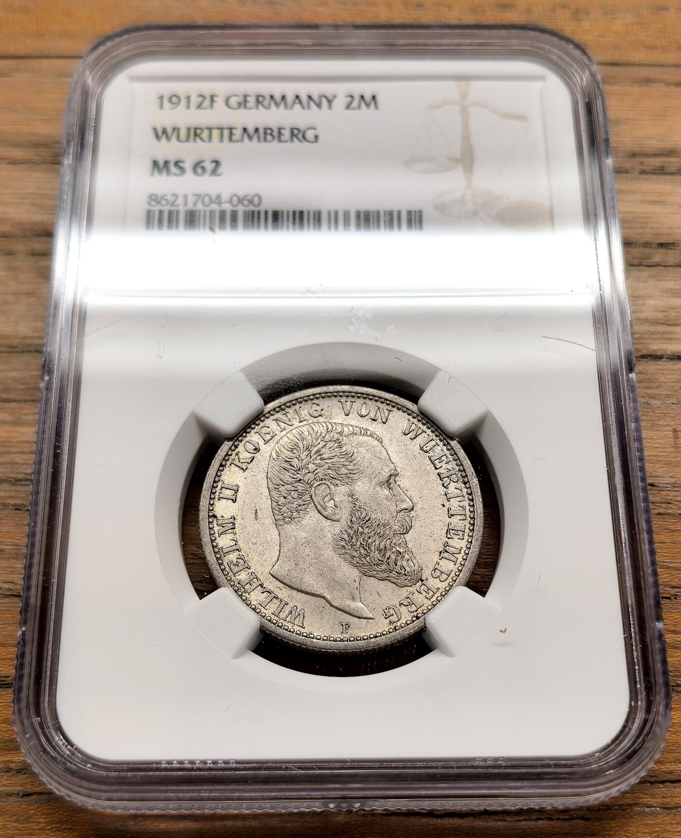 凡希社世界钱币微拍第三百二十二期 1912F德国符腾堡2马克NGC-MS62