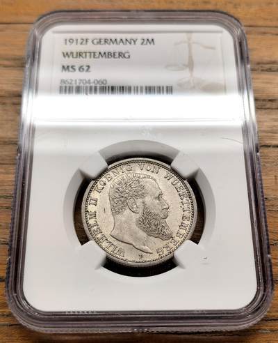凡希社世界钱币微拍第三百二十二期 - 1912F德国符腾堡2马克NGC-MS62