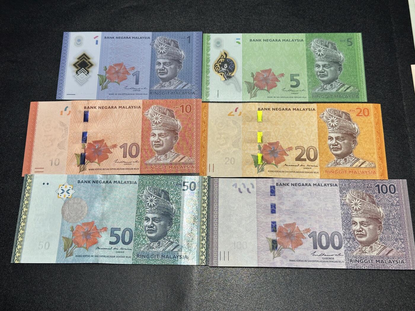 《外钞收藏家》第六百二十六期（精品场）（长期征集拍品、欢迎藏友们联系合作） 马来西亚新版6张一套（1/5/10/20/50/100林吉特，有多张全程无47）	UNC