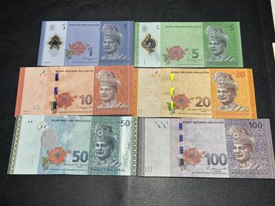《外钞收藏家》第六百二十六期（精品场）（长期征集拍品、欢迎藏友们联系合作） - 马来西亚新版6张一套（1/5/10/20/50/100林吉特，有多张全程无47）	UNC