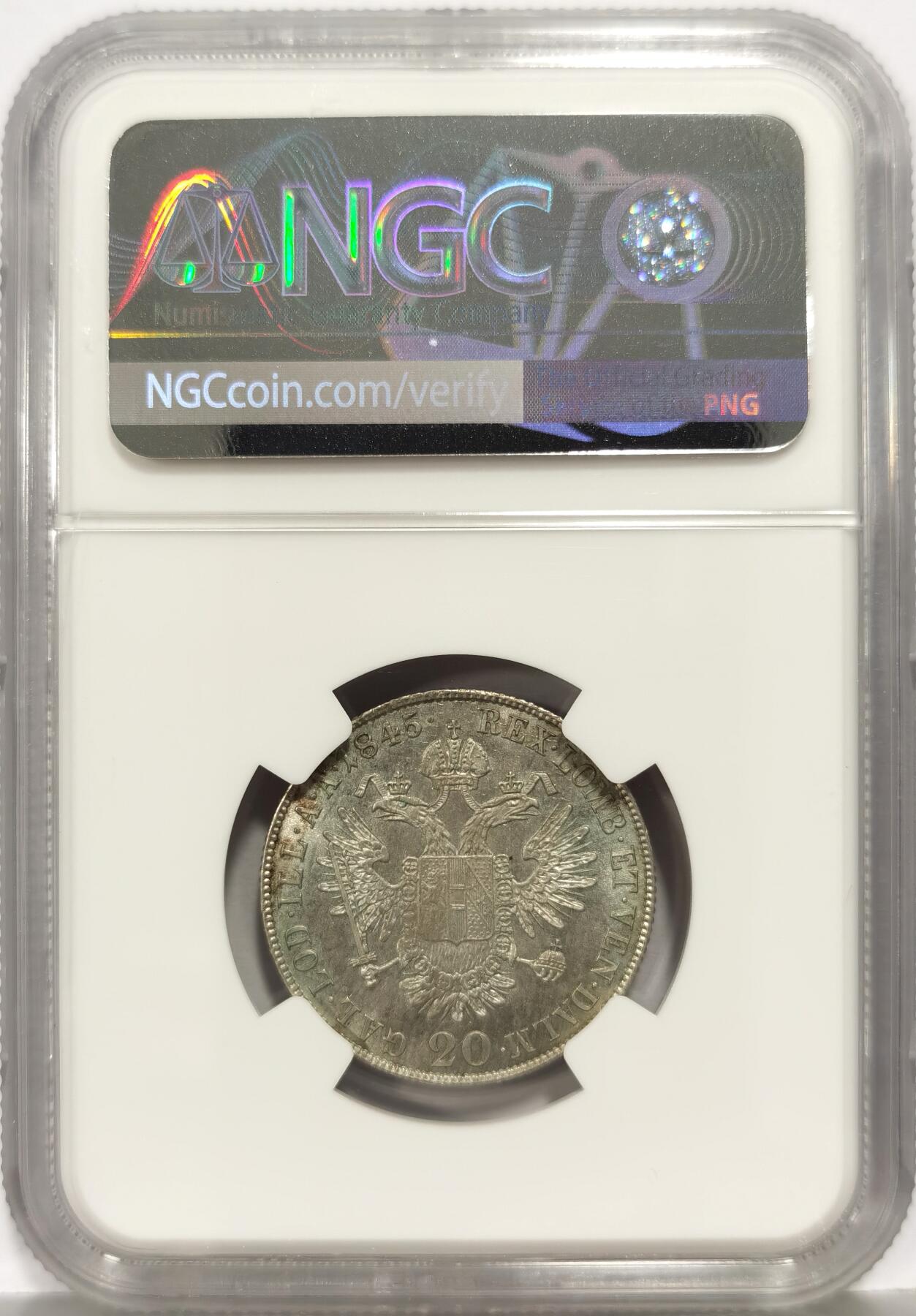 博洋堂世界钱币拍卖第168期（全场包邮） NGC MS63 奥地利1845年费迪南一世20克鲁泽银币，唯一冠军分！