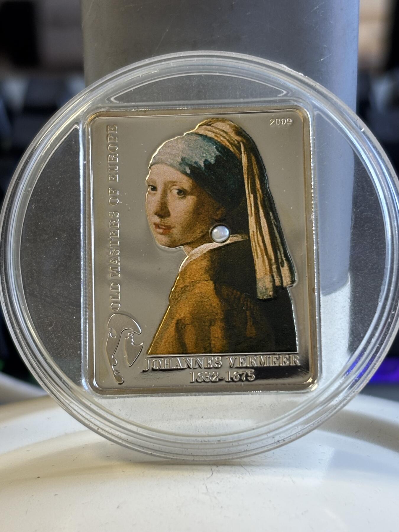 第197期拍卖 库克2009戴珍珠耳环的少女弗美尔镶珍珠矩形银币,925银，25克，发行5000枚