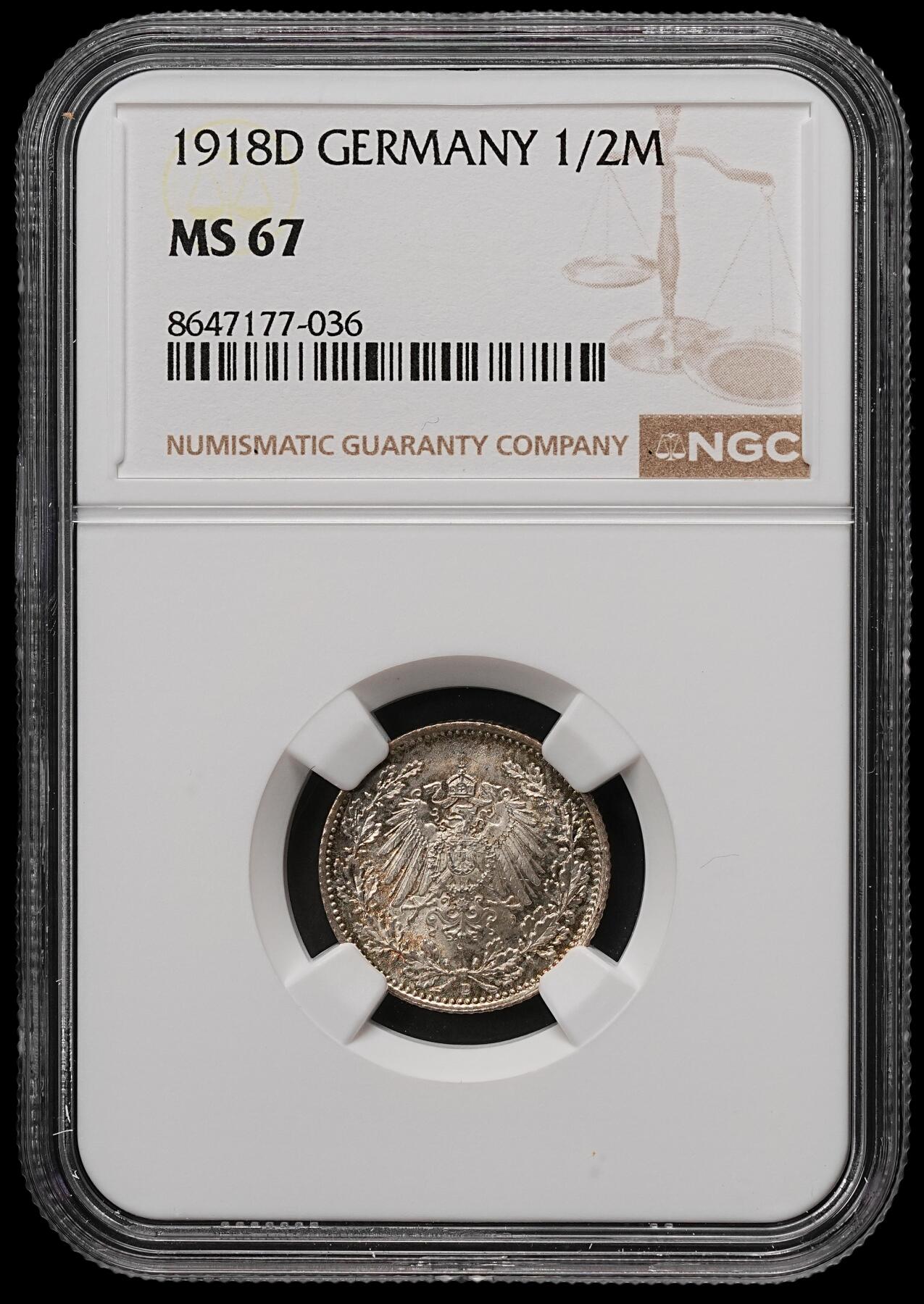 修遠堂世界钱币第111期 NGC MS67 1918年德国1/2马克银币 D厂铭
